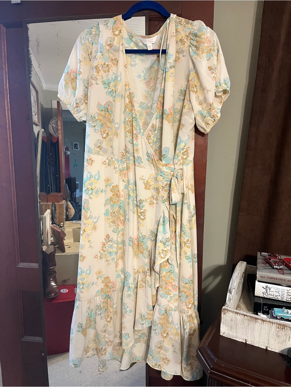 LC Lauren Conrad Cream Floral Wrap Midi Dress with Pastel Blue and Soft Yellow